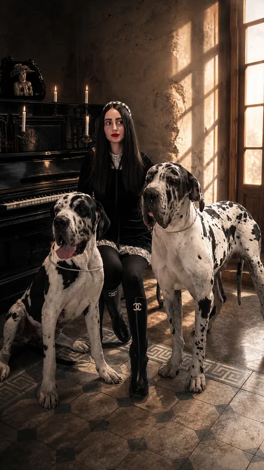 Liz con dos grandes daneses arlequín junto a un piano de cola, a la luz de las velas
