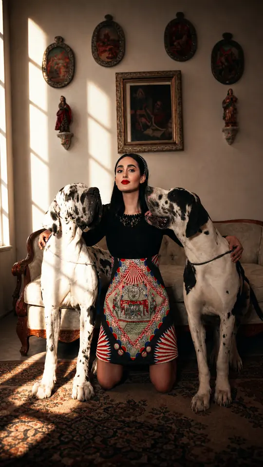 Liz de rodillas entre dos grandes daneses arlequín, bajo una pared de retablos