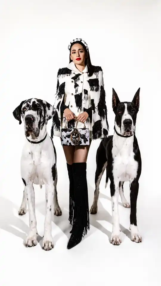 Liz con capa blanca y negra entre dos grandes daneses, en fondo de estudio
