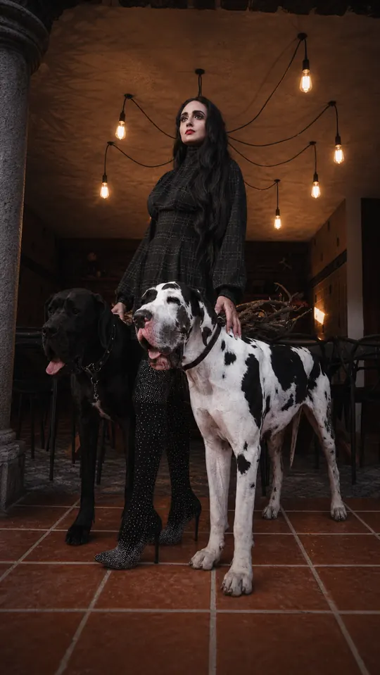 Liz de pie con dos grandes daneses bajo una guirnalda de focos