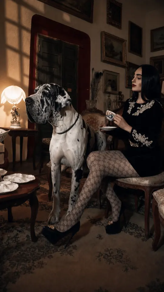 Liz tomando el té con un gran danés arlequín sentado en el sillón de al lado