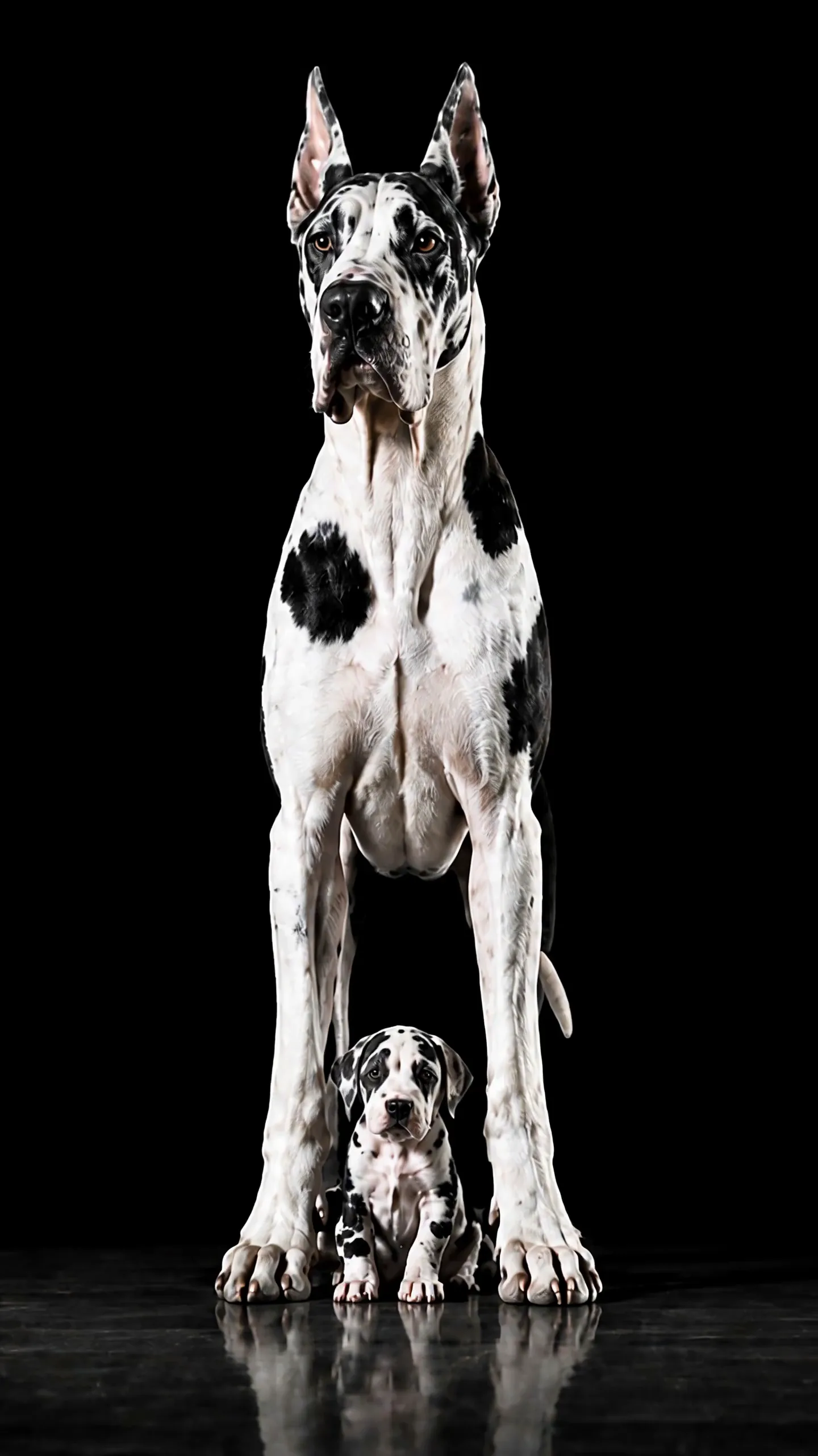 Un gran danés arlequín adulto, blanco con manchas negras, de pie y de frente sobre un piso de madera oscura que lo refleja; entre sus patas delanteras, sentado y mirando a la cámara, un cachorro de la misma capa cuya cabeza queda muy por debajo del pecho del adulto.